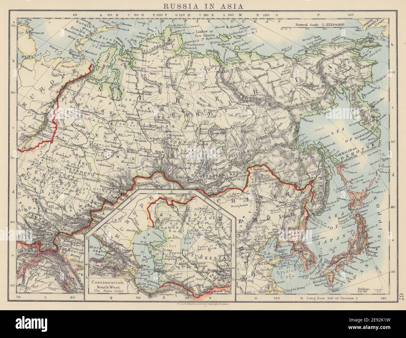 LA RUSSIE EN ASIE. Chemin de fer transsibérien. Corée du Japon. JOHNSTON 1910 ancienne carte Banque D'Images