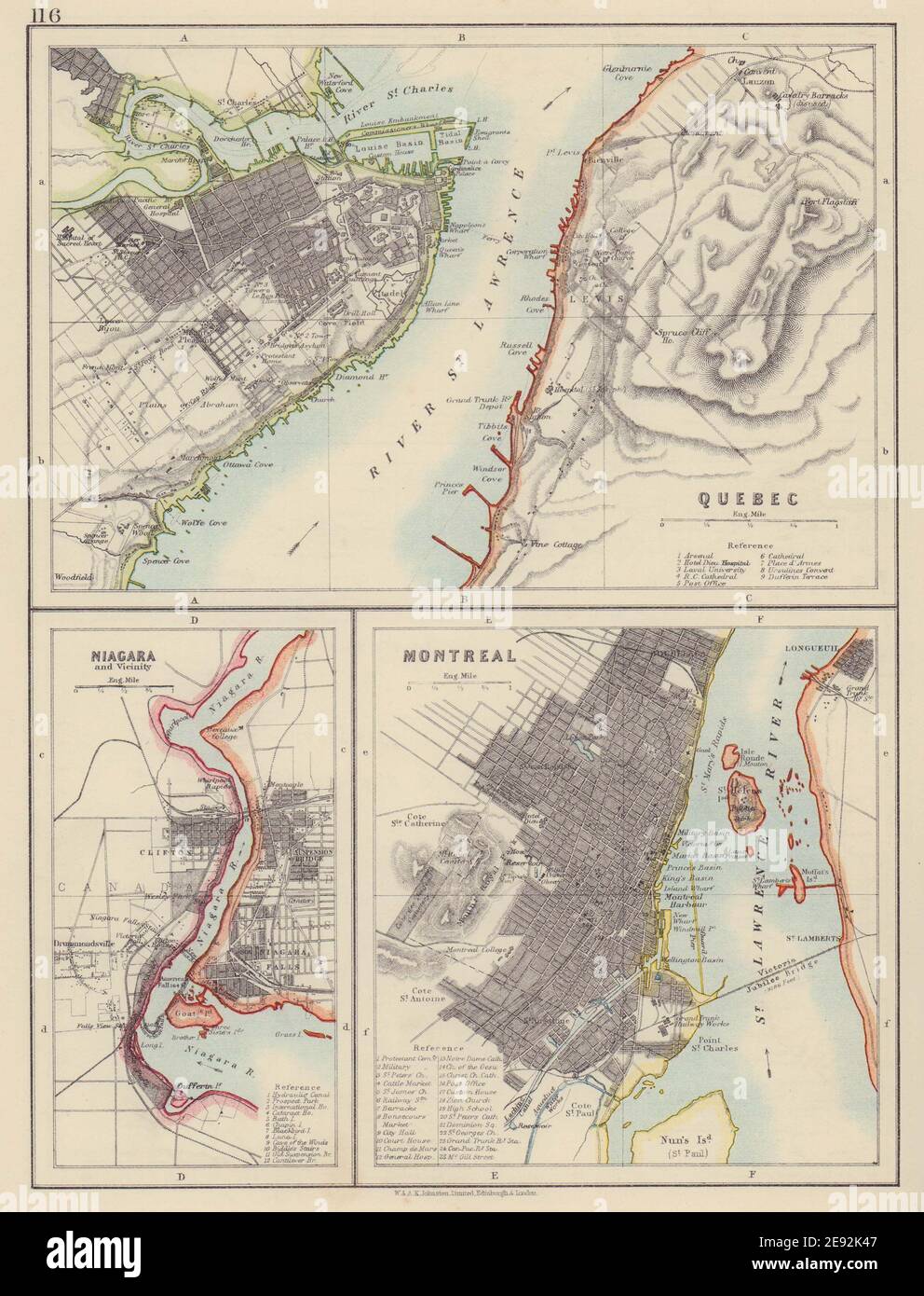 VILLES CANADIENNES. Québec Montréal Montréal Niagara Falls plans. CARTE JOHNSTON 1910 Banque D'Images