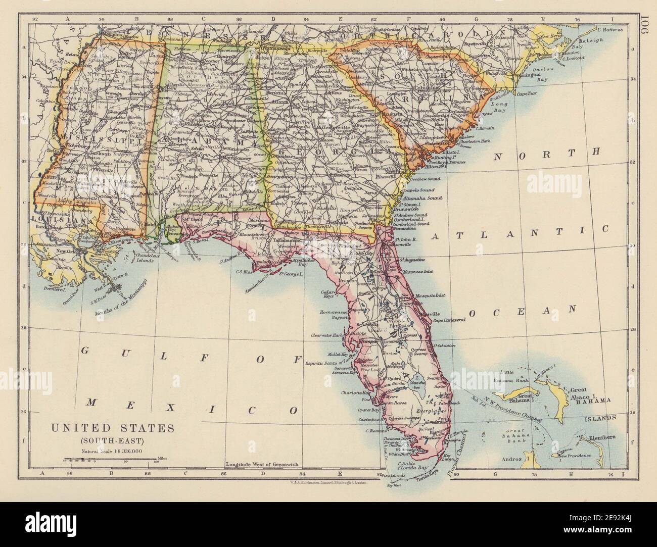 ETATS-UNIS DEEP SOUTH. Floride Caroline du Sud Géorgie Alabama Mississippi USA 1910 carte Banque D'Images
