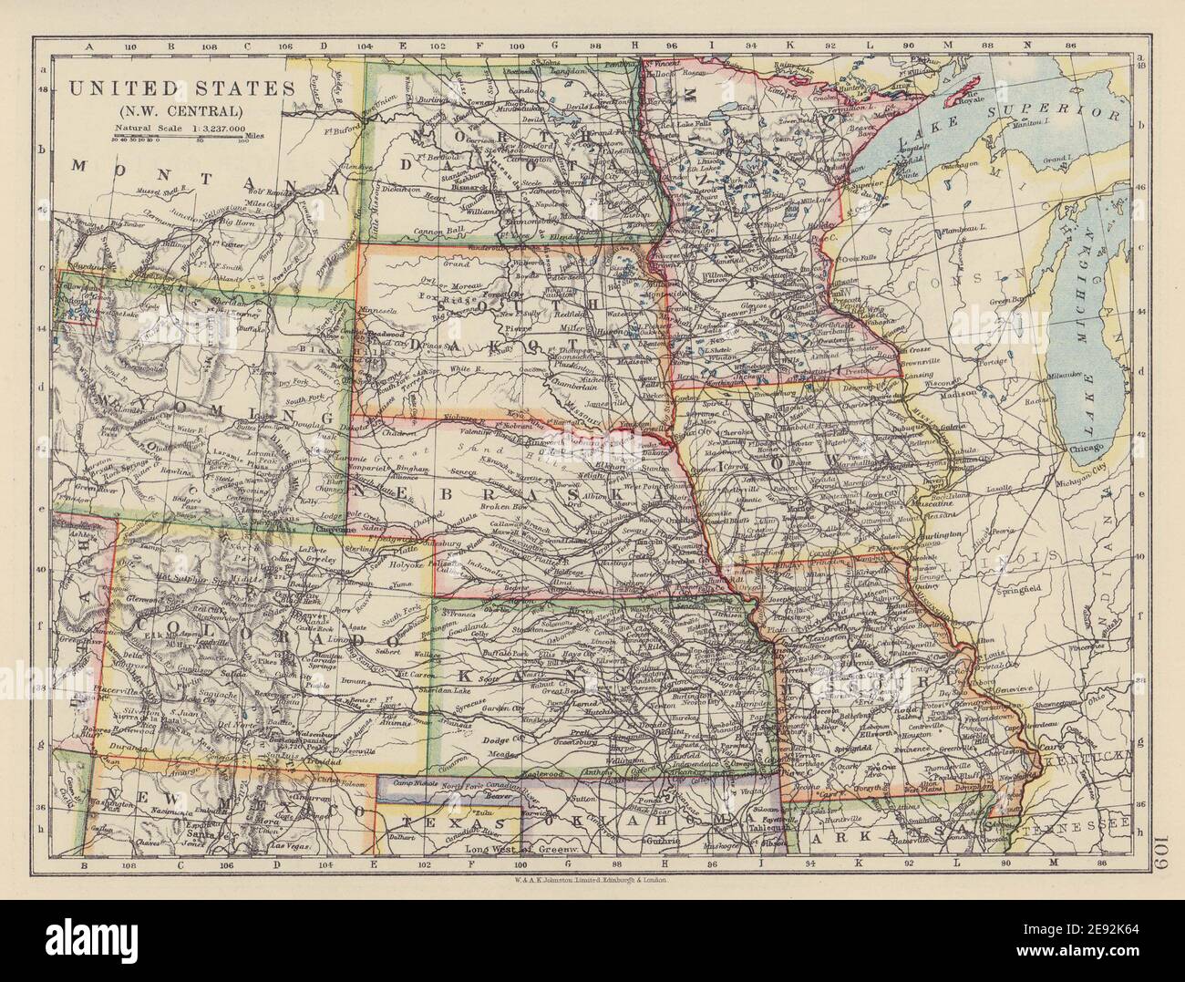 ÉTATS-UNIS DES PLAINES. Iowa Minnesota Kansas ne ND SD Colorado. CARTE JOHNSTON 1910 Banque D'Images