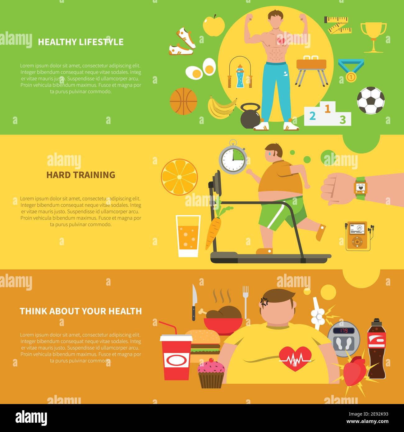 Bannières horizontales obésité avec des éléments de style de vie sain entraînement dur pour les icônes de perte de poids et d'aliments malsains définissent une illustration vectorielle plate Illustration de Vecteur