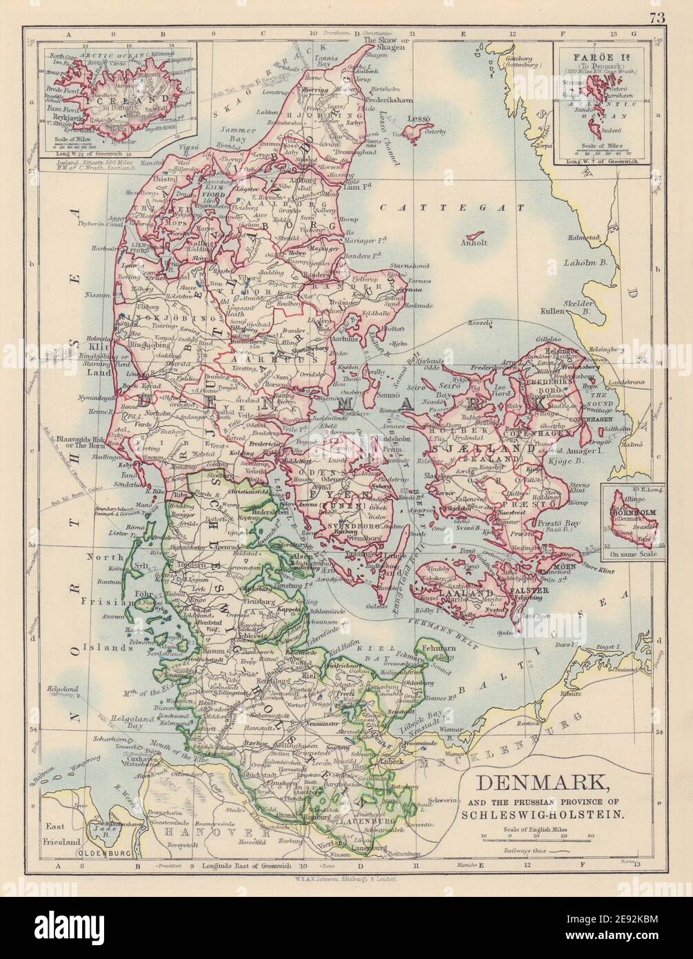 DANEMARK SLESVIG-HOLSTEN. Schleswig-Holstein prussien. JOHNSTON 1901 ancienne carte Banque D'Images