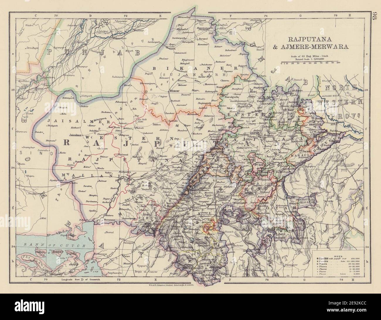 INDE BRITANNIQUE NW. Rajputana et Ajmer-Merwara. Rajasthan. JOHNSTON 1901 ancienne carte Banque D'Images