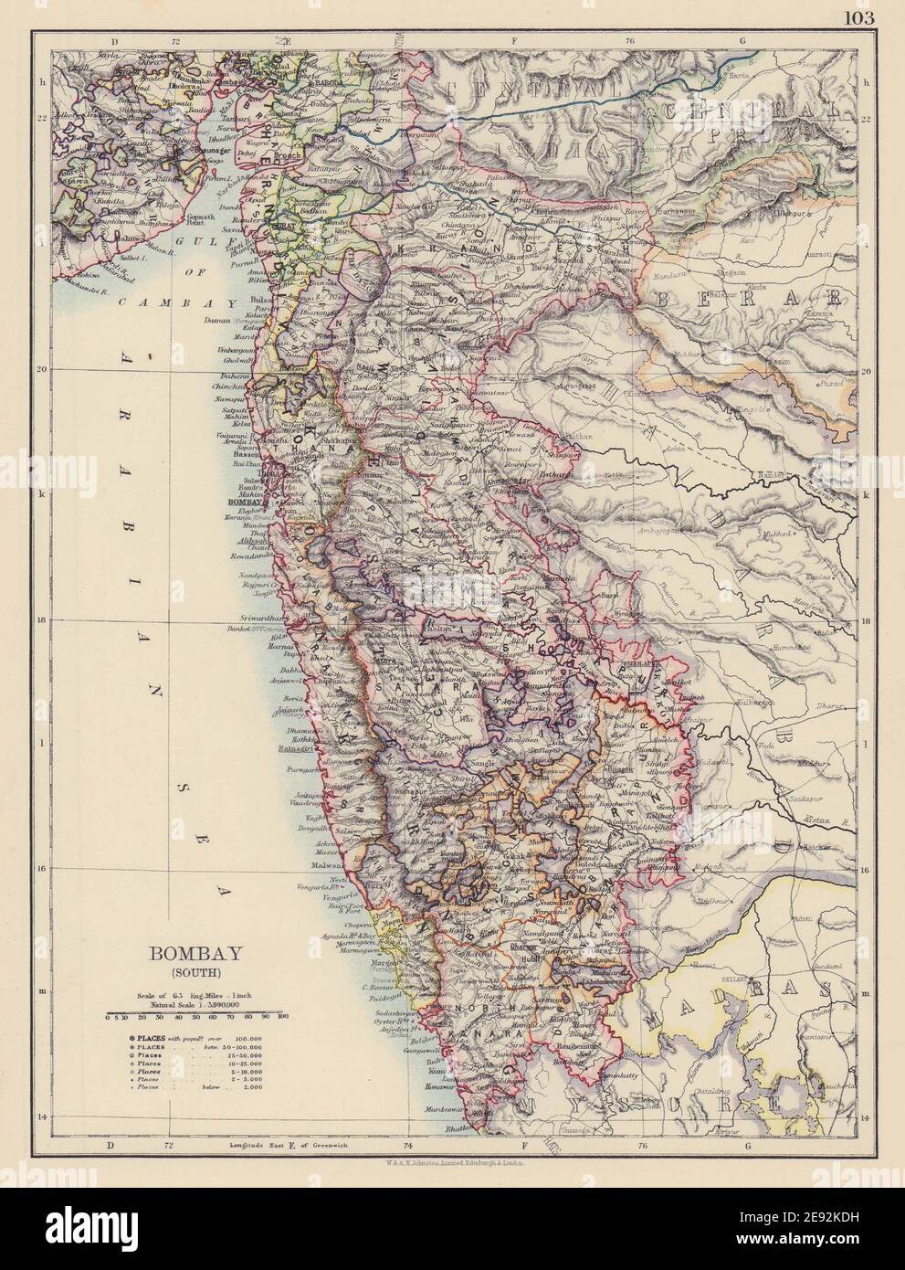 BOMBAY (MUMBAI) (SUD). Inde britannique. Chemins de fer de Maharashtra. CARTE JOHNSTON 1901 Banque D'Images
