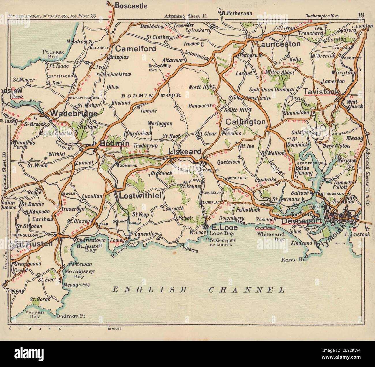 Carte routière de South Cornwall. Plymouth St Austell Looe Fowey Bodmin. BACON c1920 Banque D'Images