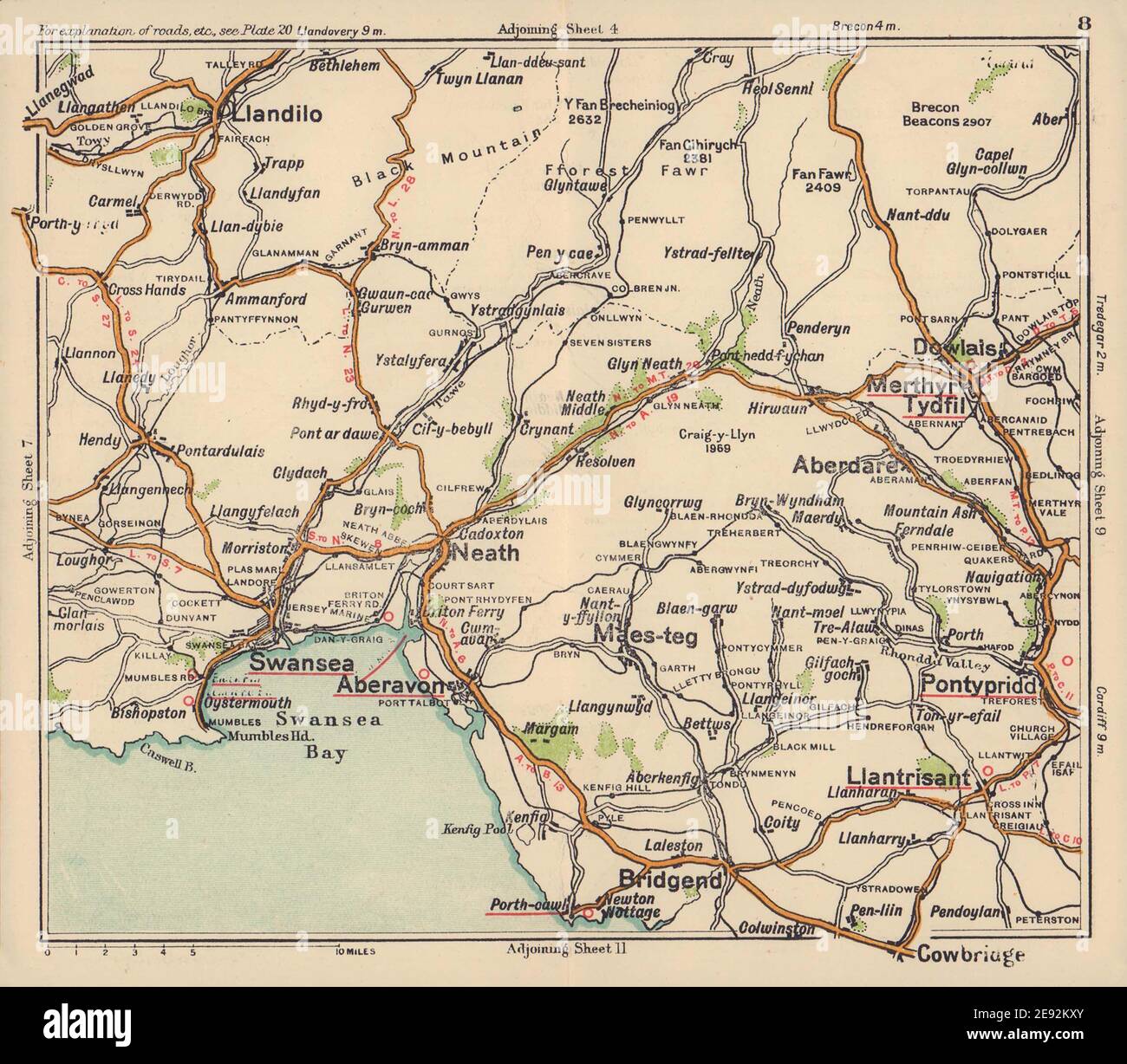 Carte routière de Glamorgan. Swansea Merthyr Tydfil Bridgend Neath. BACON c1920 vieux Banque D'Images