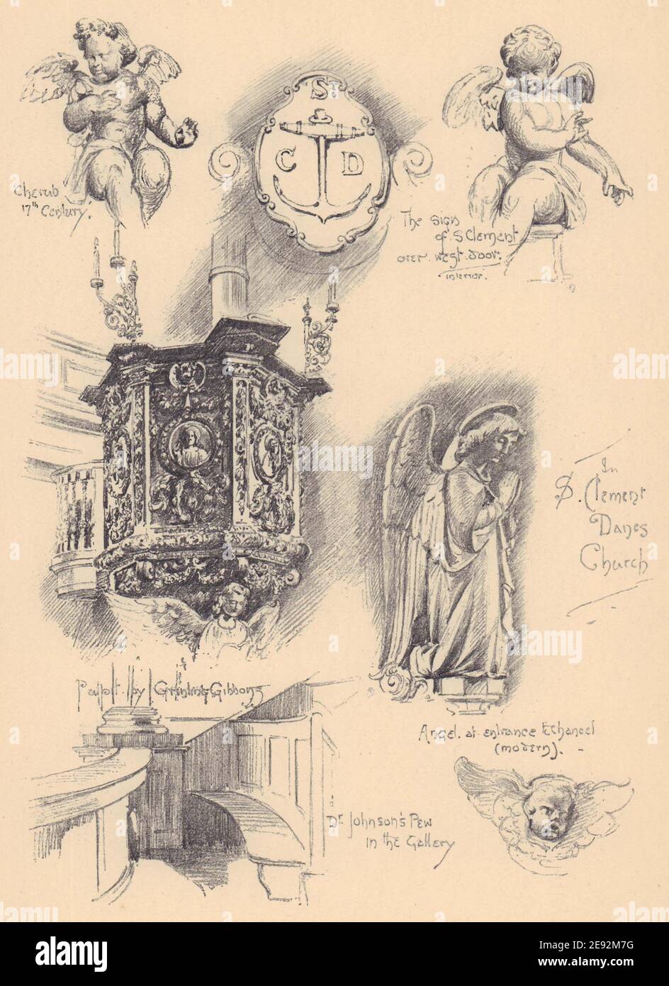 Église Saint-Clément-Danes. Pulpit de Gibbons de Grindling. le pew du Dr Johnson 1904 Banque D'Images