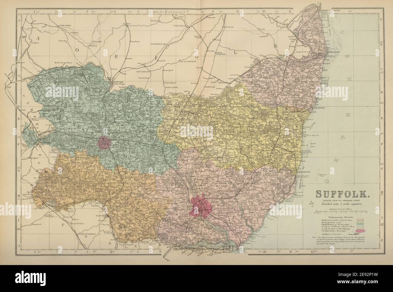 SUFFOLK carte du comté antique par GW BACON 1885 vieux millésime plan graphique Banque D'Images