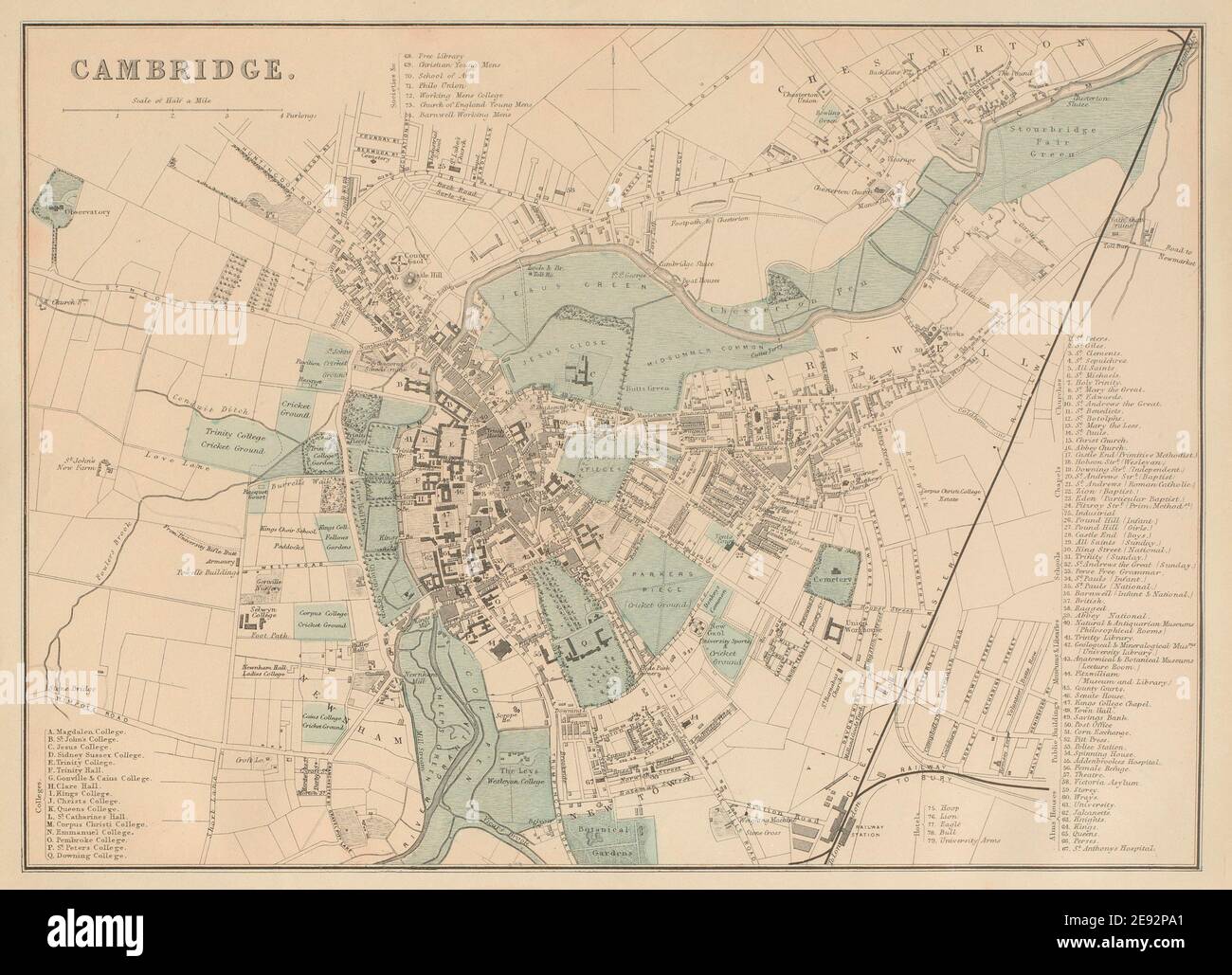 VILLE antique DE CAMBRIDGE plan par GW BACON University Colleges 1885 ancienne carte Banque D'Images