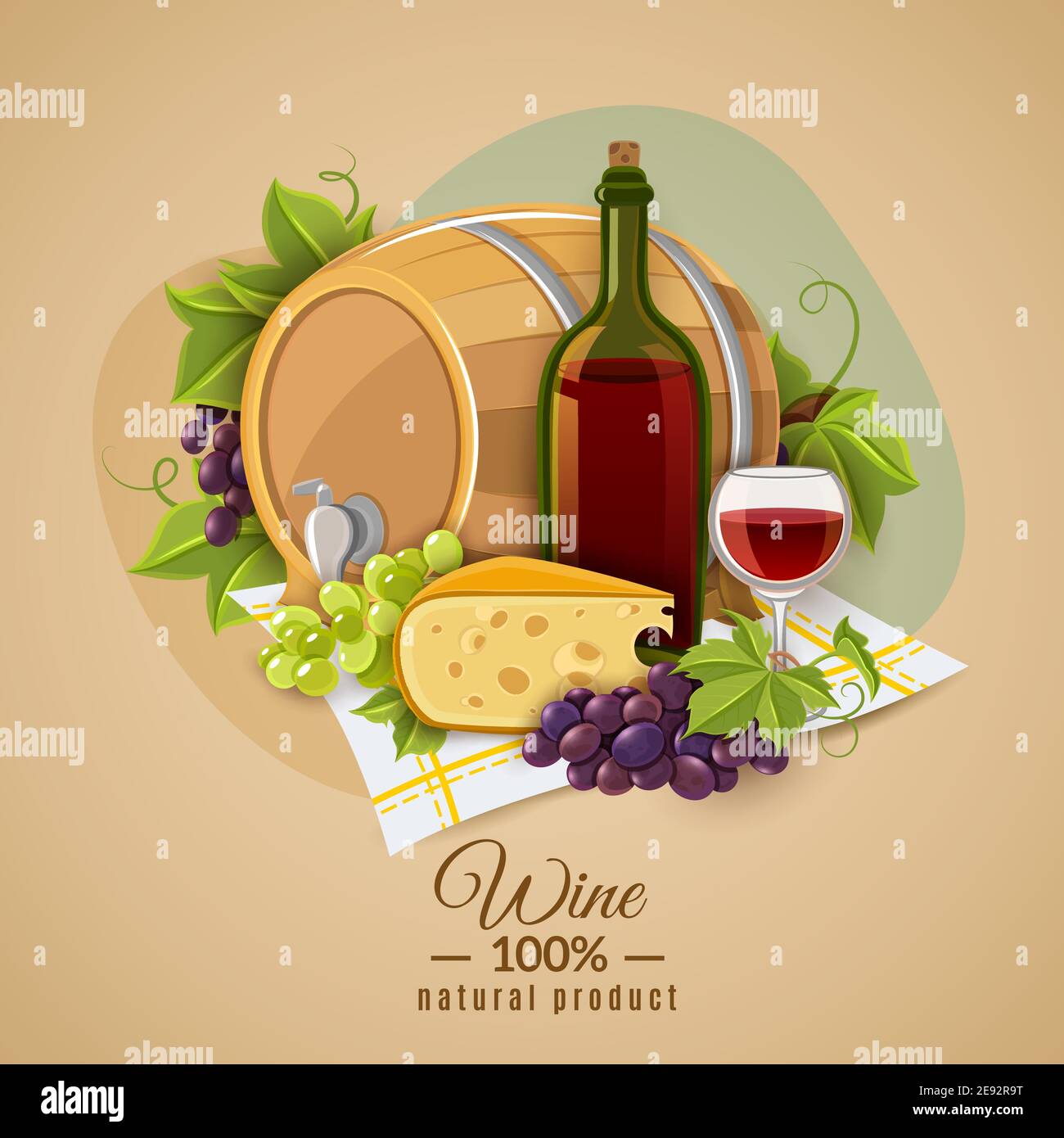 Affiche avec l'image du vin rouge et de la collation au fromage soumis sur une illustration vectorielle d'arrière-plan en couleur Illustration de Vecteur