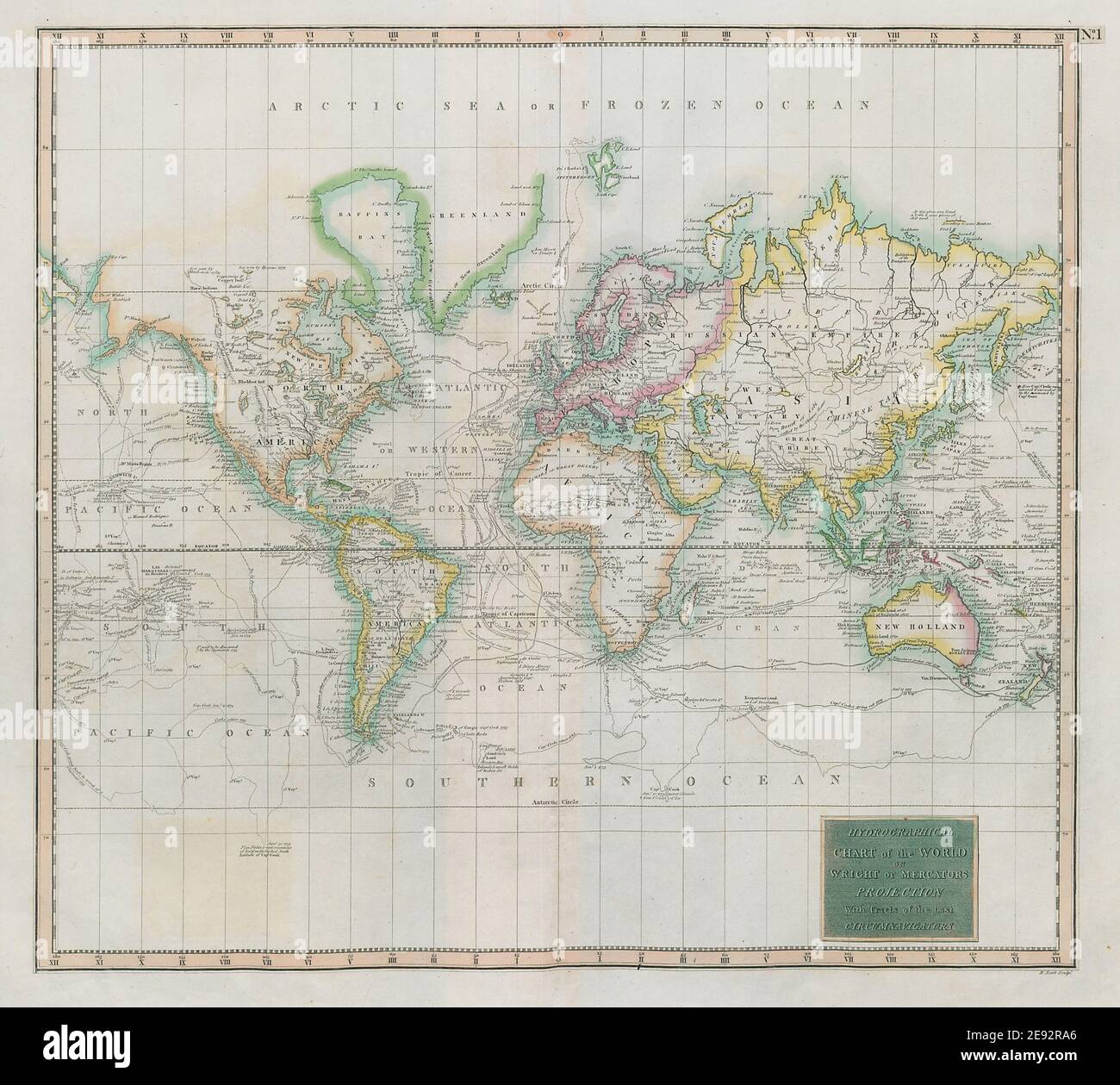 Carte hydrographique du monde… Projection DE Wright/Mercator CARTE THOMSON 1817 Banque D'Images