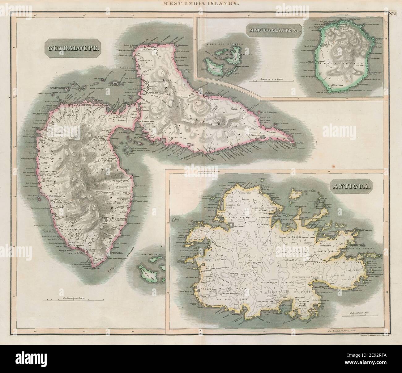 Antigua, Guadeloupe et Marie-Galante. Antilles. CARTE THOMSON 1817 Banque D'Images
