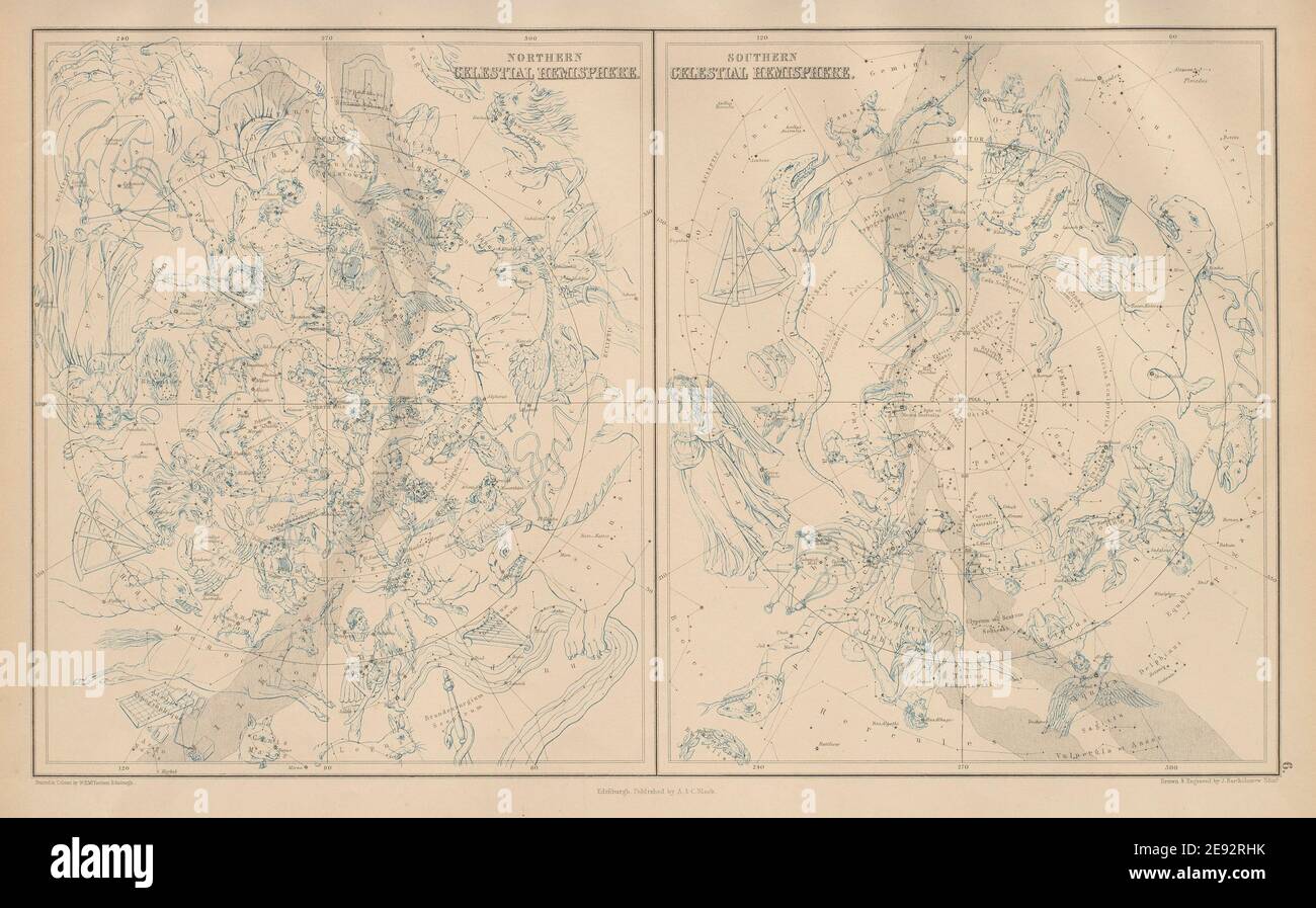 Hémisphères célestes du Nord et du Sud. Tableaux d'étoiles. BARTHOLOMEW 1870 carte Banque D'Images