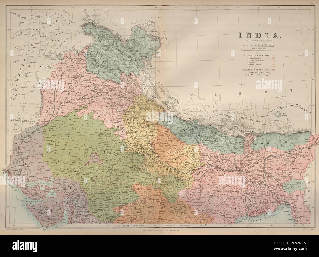 Nord de l'Inde britannique. Cachemire Punjab Rajasthan Bengal Népal BARTHOLOMEW 1870 carte Banque D'Images