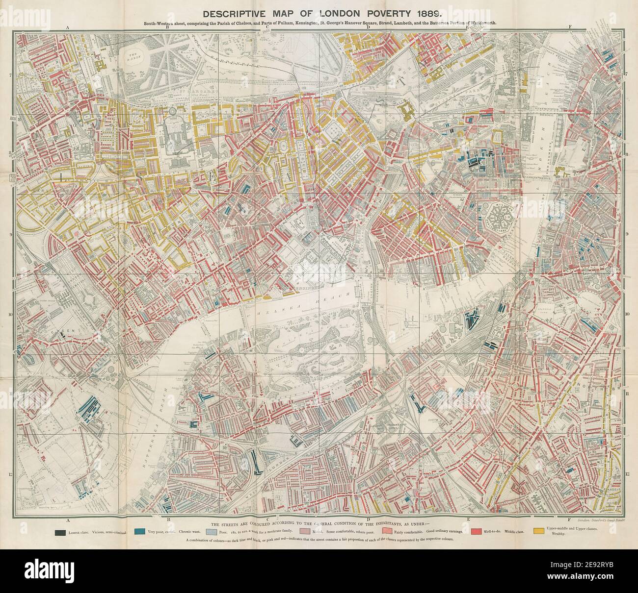 Carte descriptive de la pauvreté de Londres. STAND. SW - Kensington Chelsea Battersea 1889 Banque D'Images