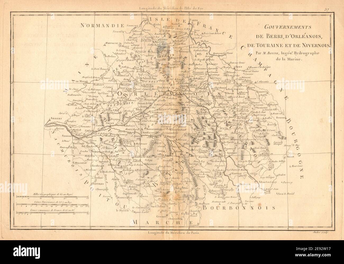 Gouverneurs de Berri, d’Orléanois, de Touraine et de Nivernois. BONNE 1787 carte Banque D'Images