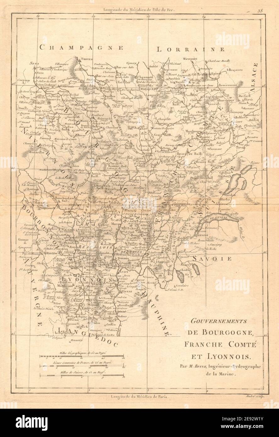 Gouverneurs de Bourgogne, Franche-Comté et Lyonnois. Lyonnais. BONNE 1787 carte Banque D'Images