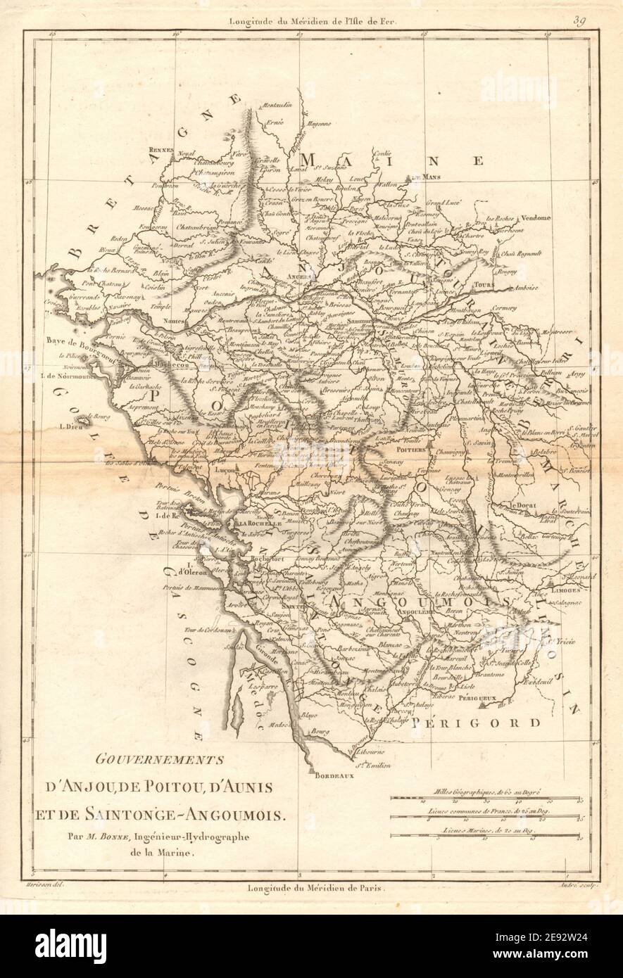Gouverneurs d’Anjou, de Poitou, d’Aunis et Saintonge-Angoumois. BONNE 1787 carte Banque D'Images