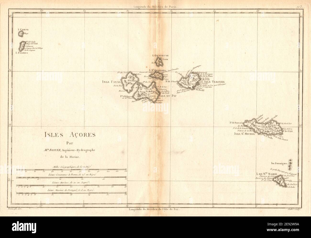 Îles Açores. Açores. Pico Sai Miguel Faial Terceira Flores. BONNE 1788 carte Banque D'Images