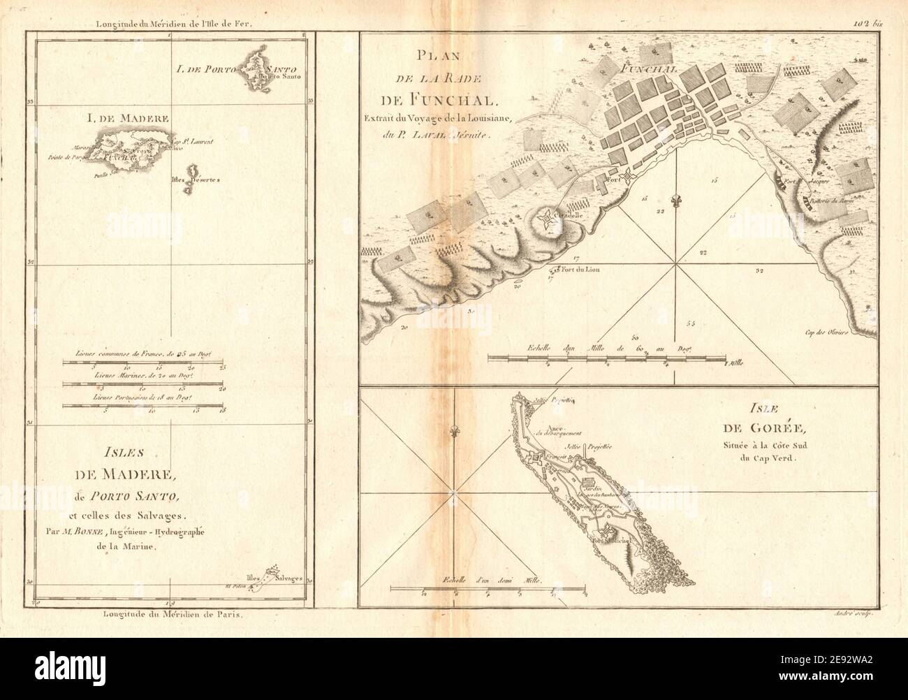 Îles de Madere, Porto Santo et Gorée. Port de Funchal. Madère. BONNE 1788 carte Banque D'Images