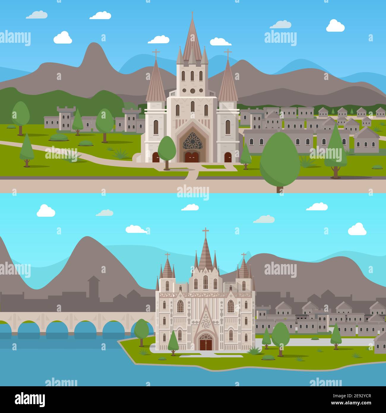 Deux compositions horizontales avec des temples gothiques dans le style de dessin animé illustration vectorielle plate de fond de ville médiévale Illustration de Vecteur