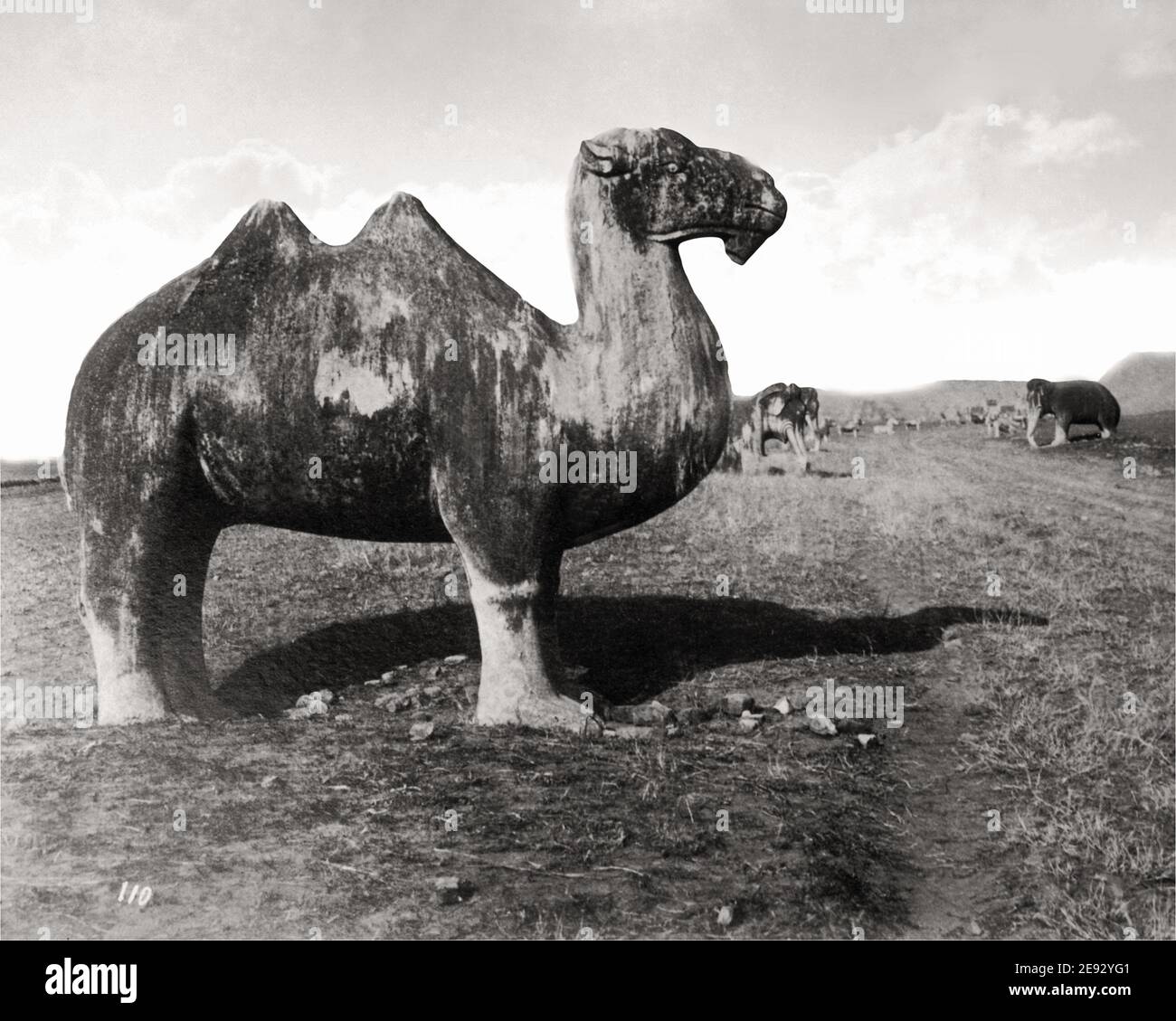 Photographie de la fin du XIXe siècle - cheval de pierre, sur la route des Tombeaux de Ming, en Chine. Banque D'Images