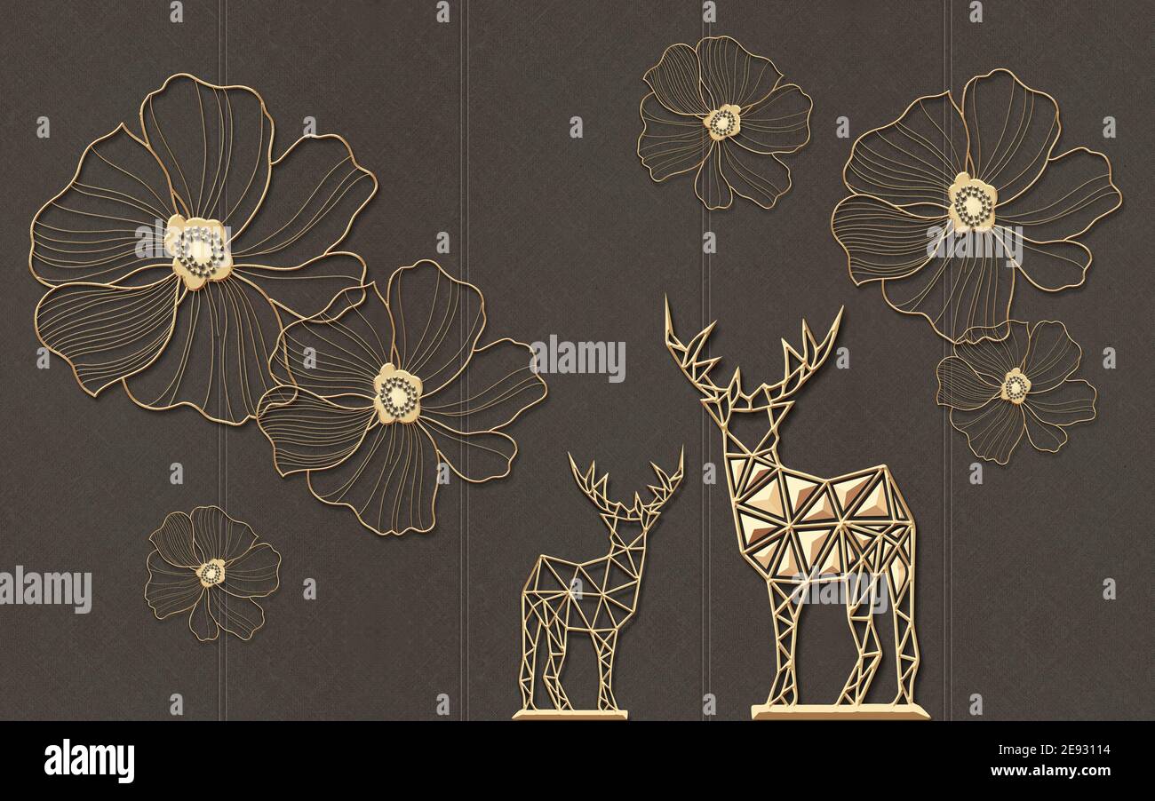 illustration 3d, arrière-plan en tissu brun, grandes lignes beiges de fleurs abstraites et statues polygonales de cerfs Banque D'Images