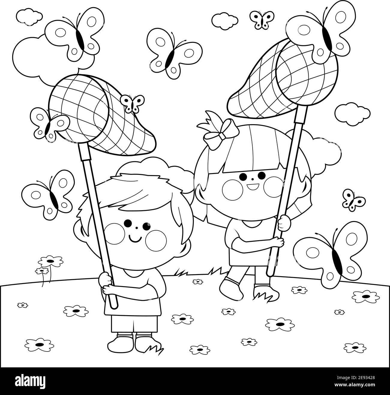 Enfants avec des papillons qui attrapent des papillons. Page de coloration noire et blanche vectorielle Illustration de Vecteur
