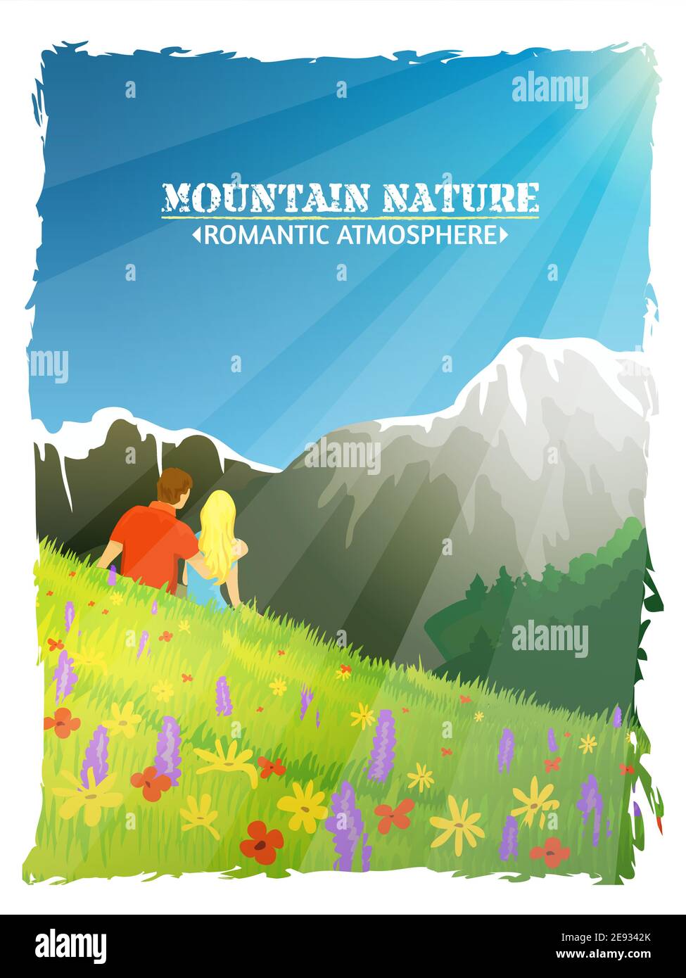 Montagne paysage nature toile de fond affiche avec les touristes assis parmi les alpins illustration vectorielle abstraite fleurs de printemps Illustration de Vecteur