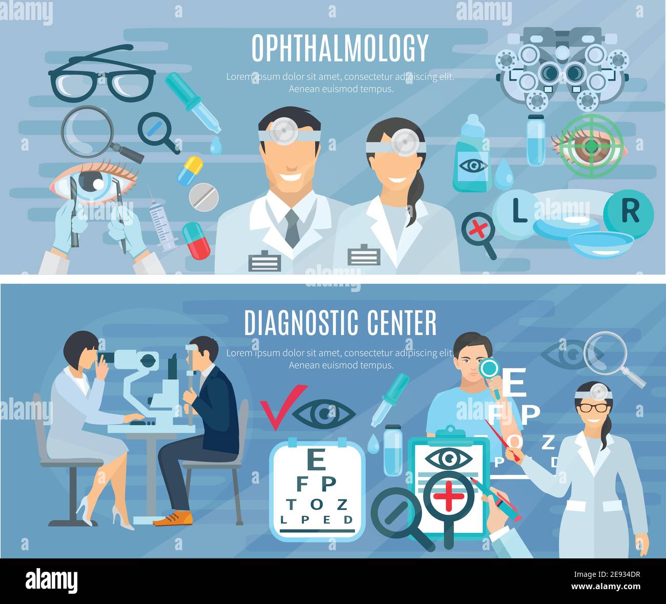 Centre de diagnostic ophtalmologique pour le test de la vision et la correction 2 plat bannières horizontales ensemble abstrait vecteur isolé illustration Illustration de Vecteur