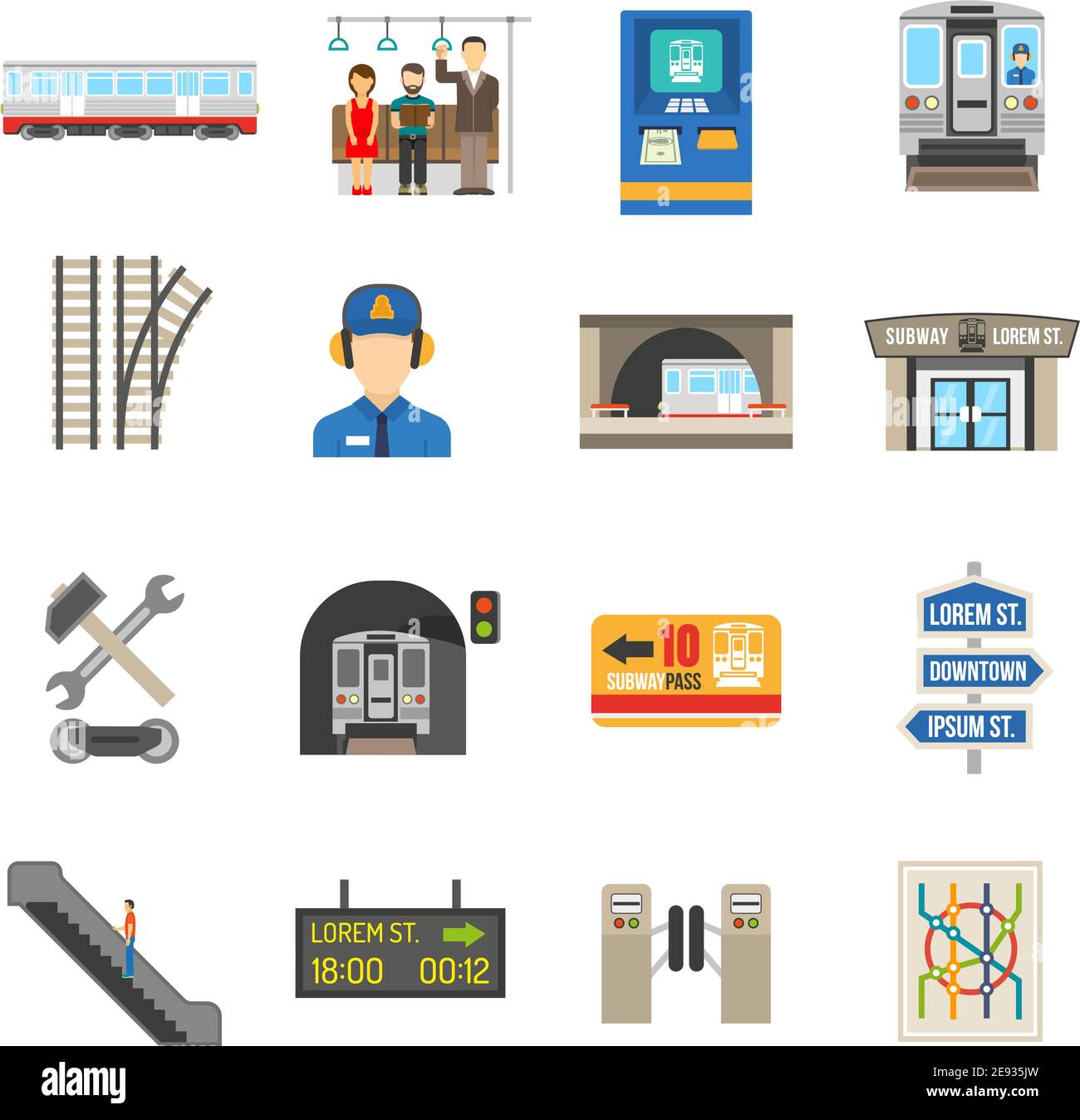 Icônes de métro ensemble de différents éléments de métro de la ville comme le ticket illustration d'un vecteur isolé plat de train ou d'escalier roulant Illustration de Vecteur