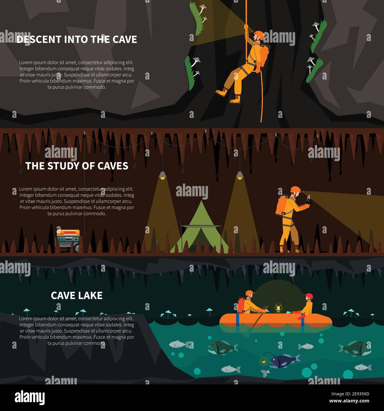 Les spéléologues descendent profondément dans la grotte 3 bannières plates ensemble avec lac et pierres à dripstones sombre résumé illustration de vecteur isolé Illustration de Vecteur