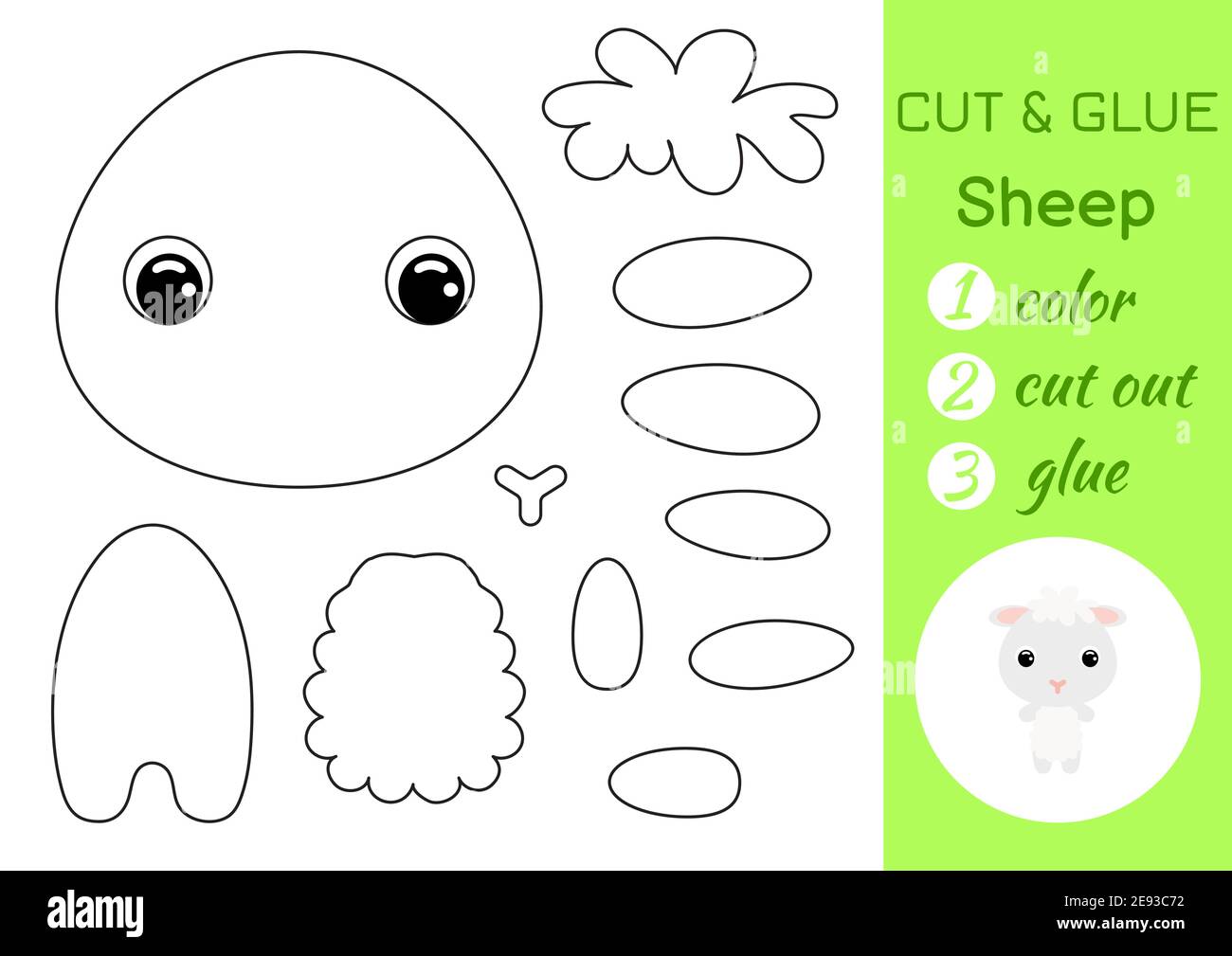 Livre de coloriage couper et coller les brebis de bébé. Jeu de papier éducatif pour les enfants d'âge préscolaire. Feuille de travail Couper et Coller. Couleur, pièces coupées et colle sur le papier. Illustration de Vecteur