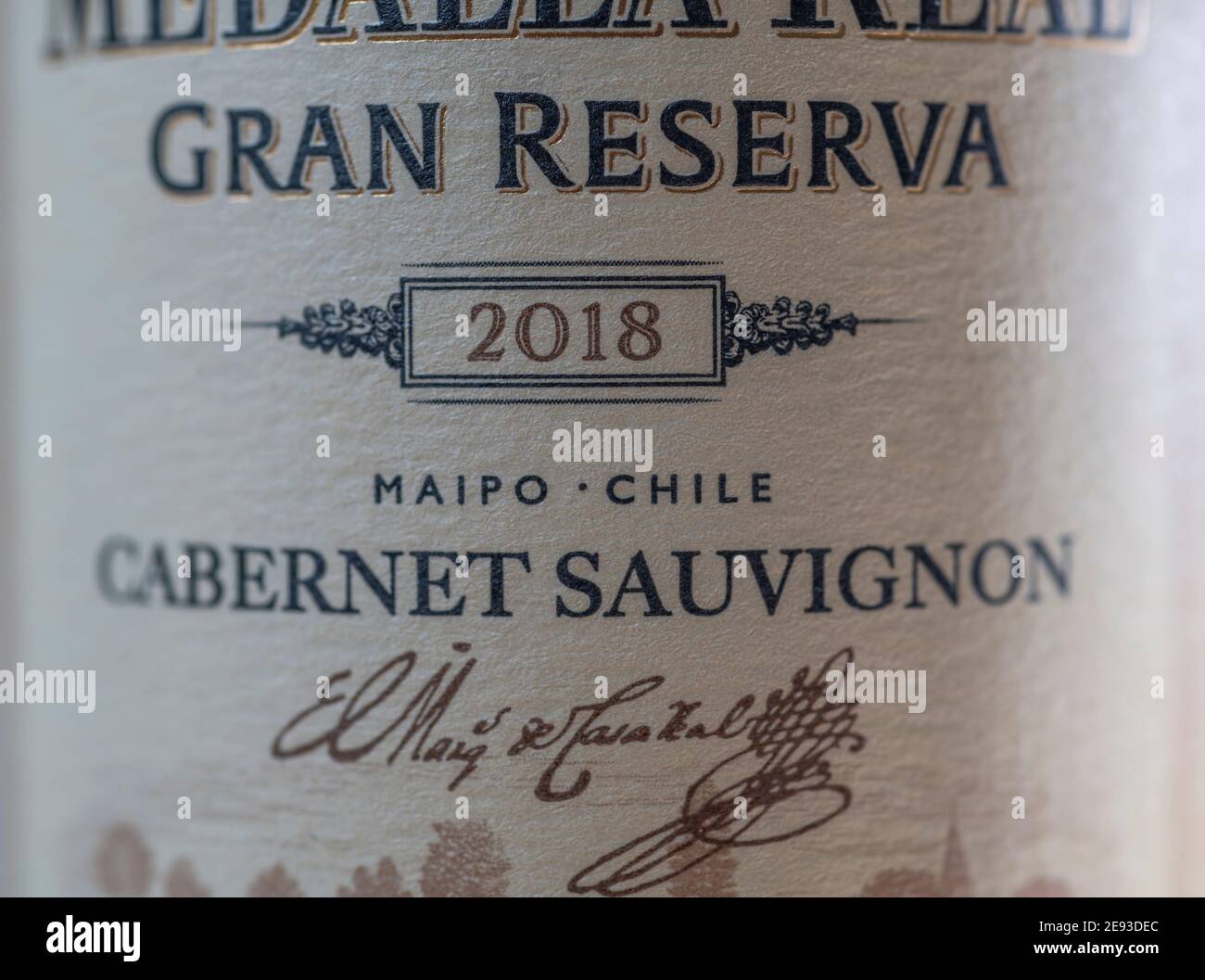 Le Cabernet Sauvignon 2018 chilien est une étiquette de vin en gros plan Banque D'Images