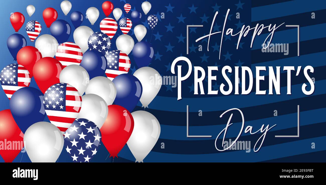 Affiche Happy Presidents Day avec ballons dans le ciel sur fond de drapeau. Illustration vectorielle texte dessiné à la main pour Presidents Day USA Illustration de Vecteur