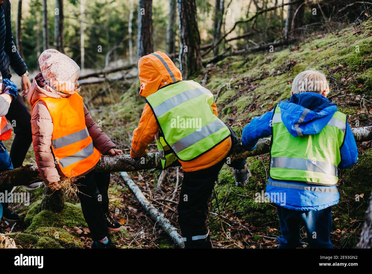 Vue arrière des enfants portant des gilets réfléchissants Banque D'Images
