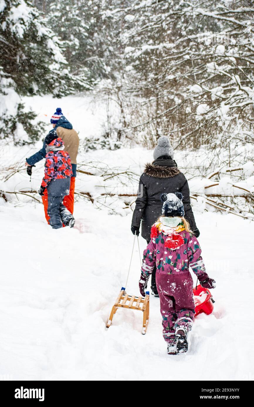 Famille avec enfants ou enfants marchant dans la forêt en hiver avec des luges et paysage blanc d'hiver sur fond, vertical Banque D'Images