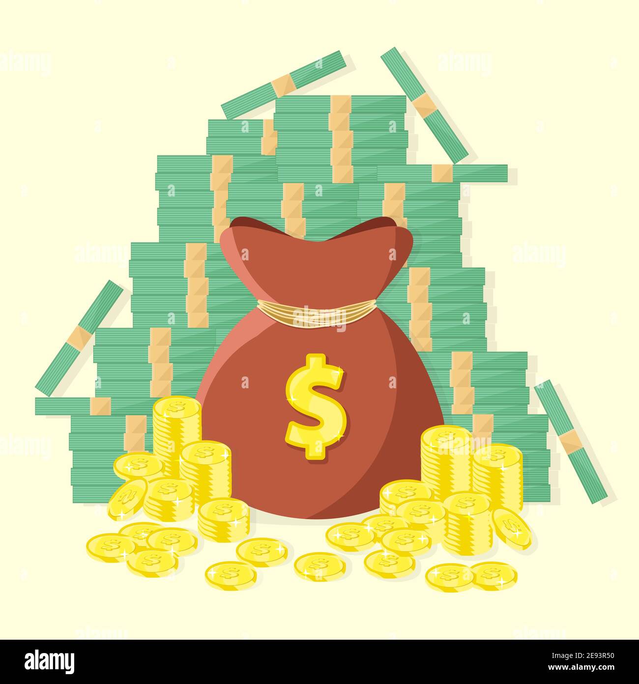 Sac d'argent avec piles de pièces de monnaie dorées et vecteur de billets en papier illustration Illustration de Vecteur