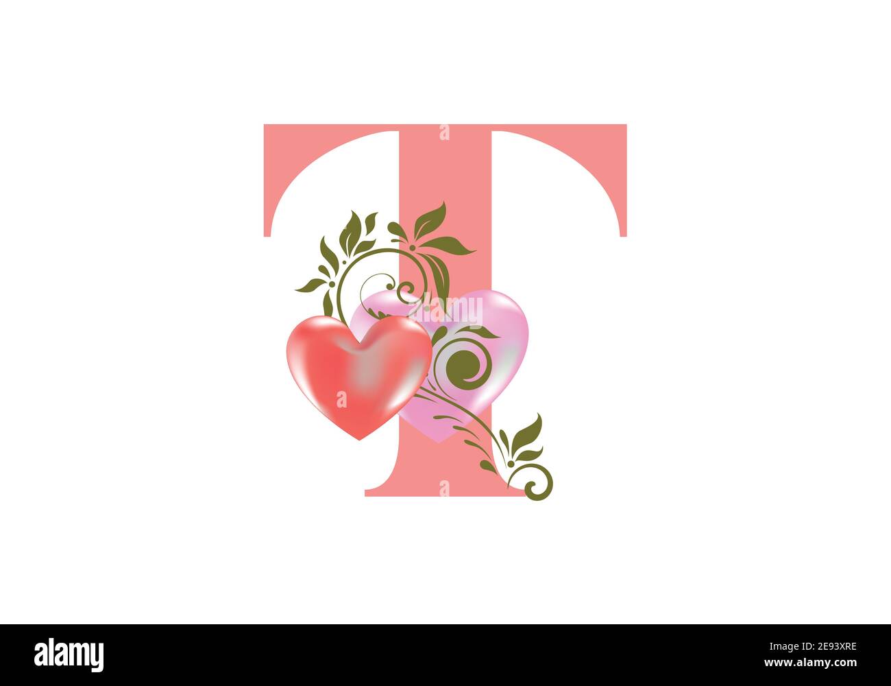 Alphabet floral, lettre T avec deux coeurs. Initiales du monogramme pour les invitations de mariage, la carte de vœux, etc. Concept de la Saint-Valentin Illustration de Vecteur