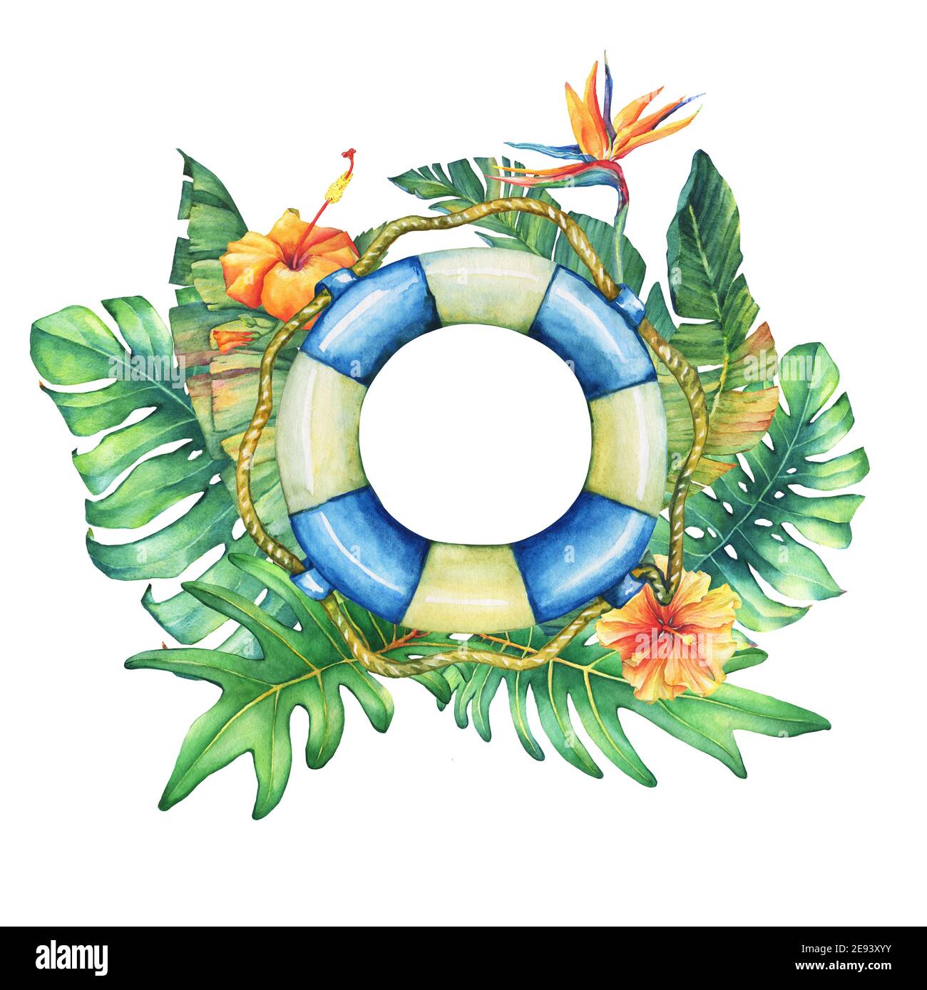 Cadre circulaire avec bouée de sauvetage, fleurs et plantes tropicales. Aquarelle dessinée à la main sur fond blanc. Banque D'Images