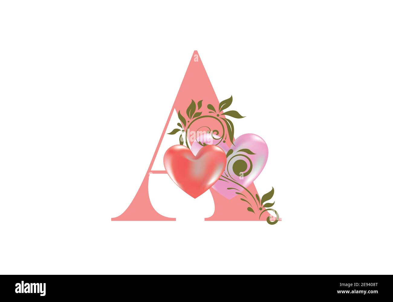 Alphabet floral, lettre A avec deux coeurs. Initiales du monogramme pour les invitations de mariage, la carte de vœux, etc. Concept de la Saint-Valentin Illustration de Vecteur