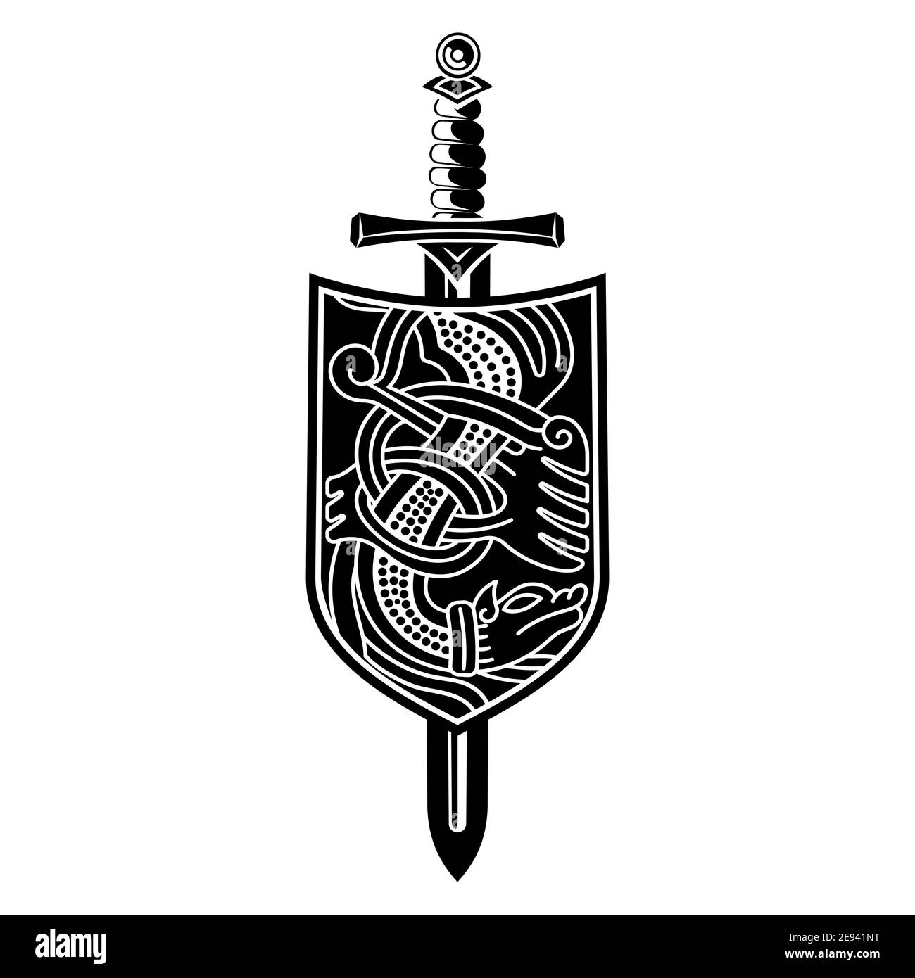 Design scandinave viking. Bouclier et épée de dragon Illustration de Vecteur