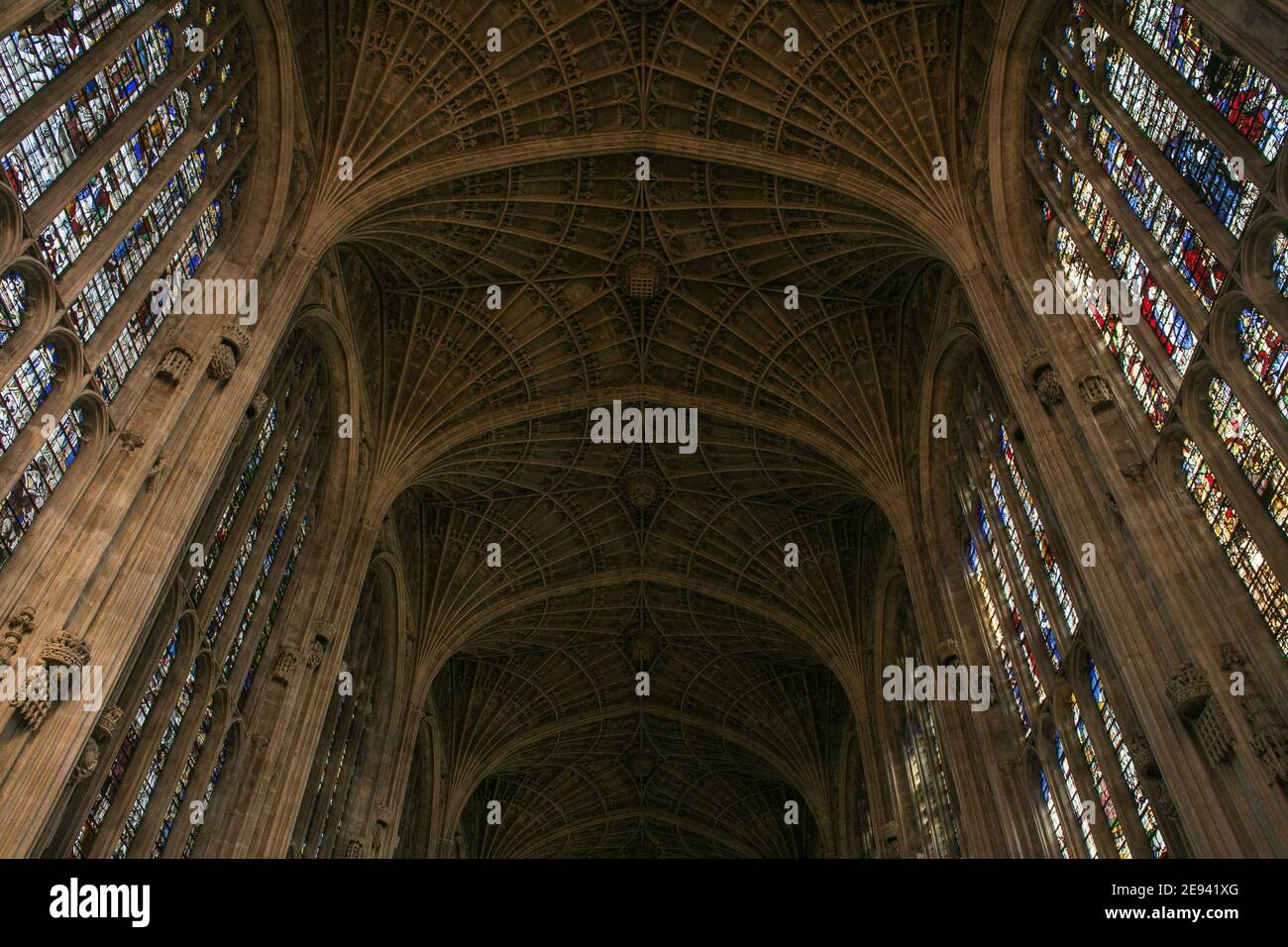 Plafond voûté de la chapelle King's College de Cambridge, Angleterre, Royaume-Uni. Banque D'Images