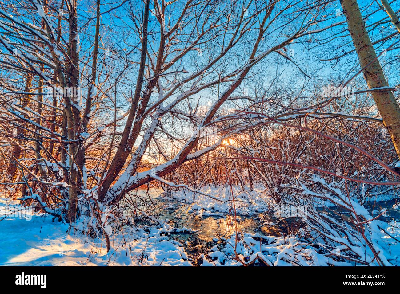 Paysage d'hiver sur la rivière à Reda Banque D'Images