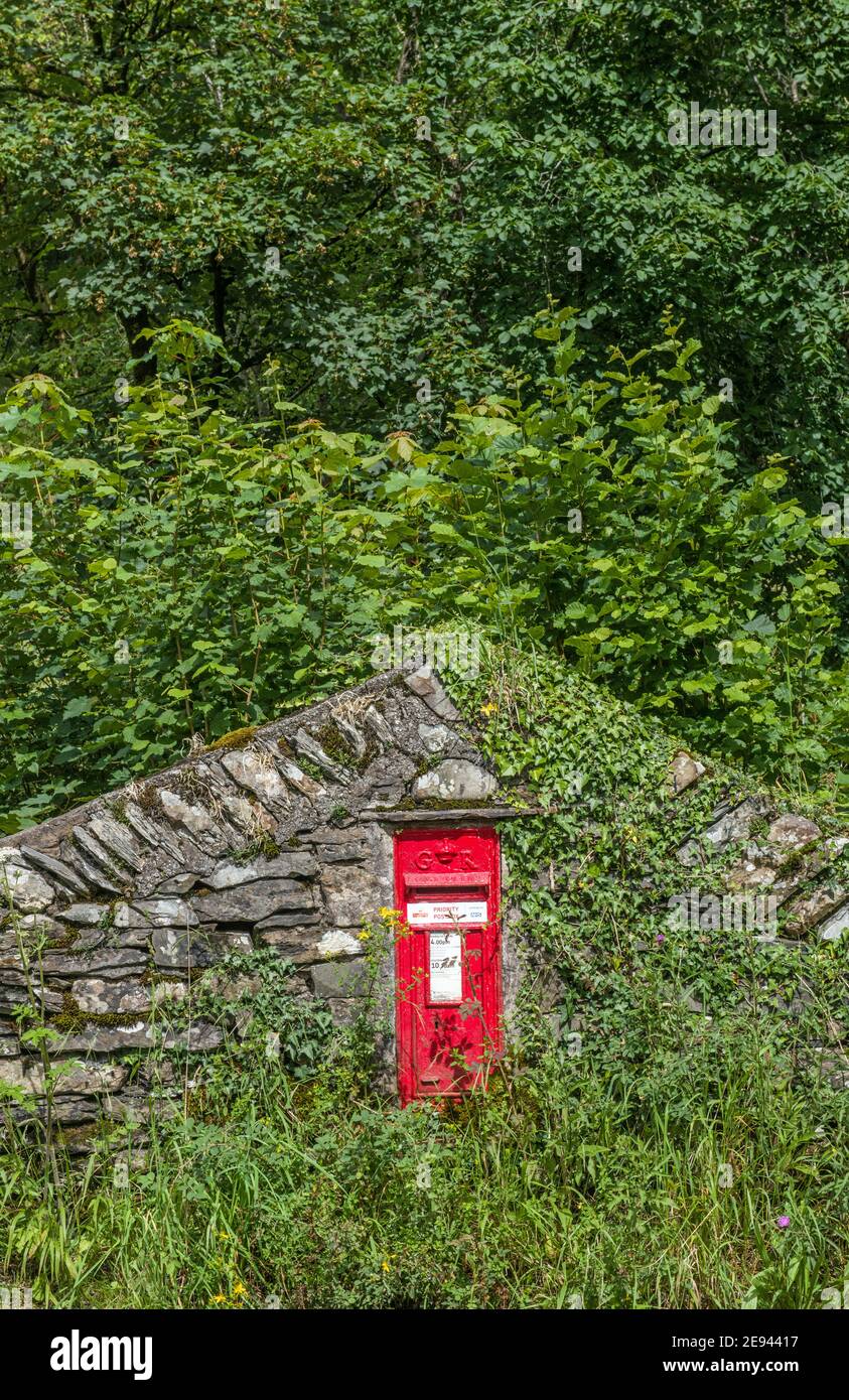 Une boîte aux lettres rouge GR (George Rex) dans la vallée de Kentmere, dans le Lake District, construite dans un mur en pierre de conception très tendance Banque D'Images