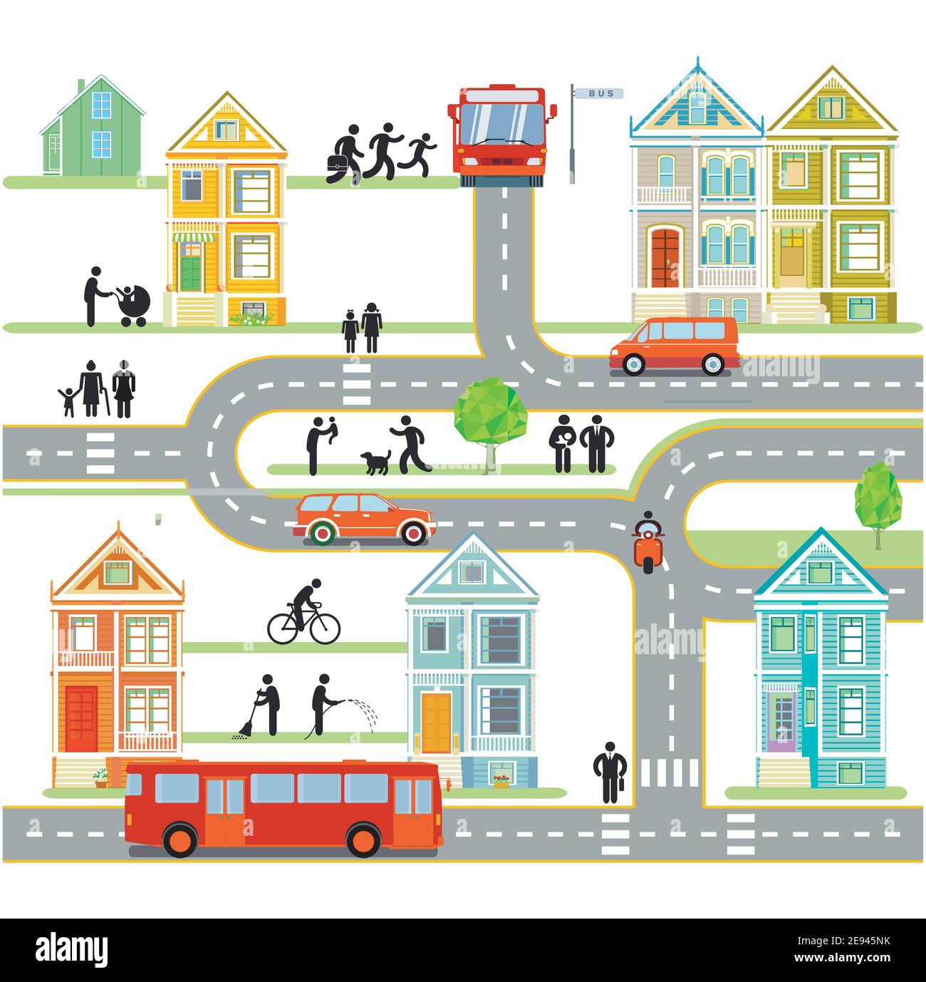Silhouette de ville avec circulation et personnes, infographie, communauté, illustration de la carte de la ville Illustration de Vecteur