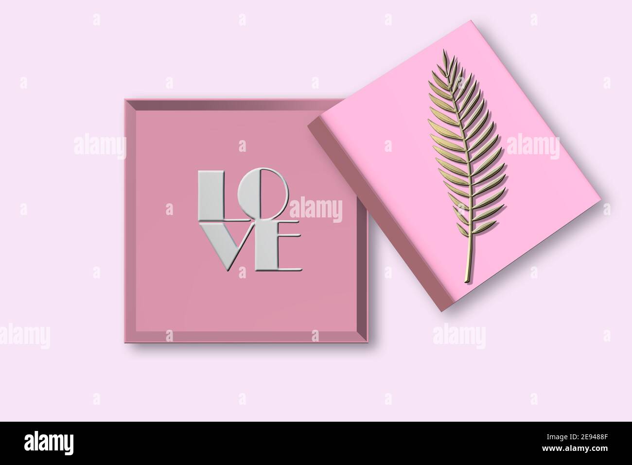 Vide Ouvrir la boîte cadeau. Boîte ouverte rose, texte amour sur fond rose. Saint-Valentin, amour design Vente, surprise, cadeau, anniversaire, mariage, Saint-Valentin, aime t Banque D'Images