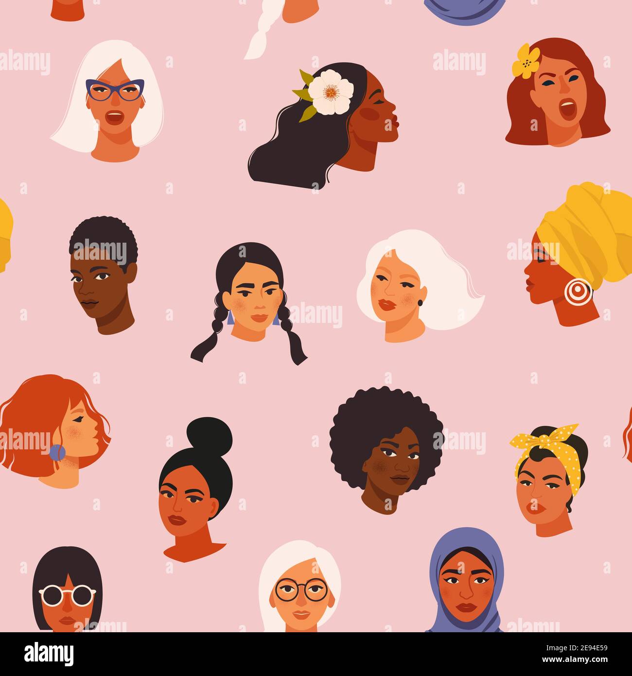 Différentes femmes font face à un motif sans couture avec différents portrait de fille de culture dans un style dessiné à la main. Le concept de fond de l'événement de droits des femmes inclut le noir Illustration de Vecteur