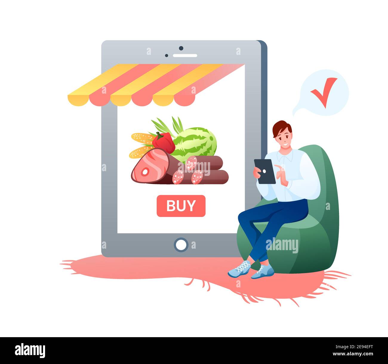Magasin d'épicerie en ligne, Happy Shopper personnage assis dans un fauteuil avec téléphone Illustration de Vecteur