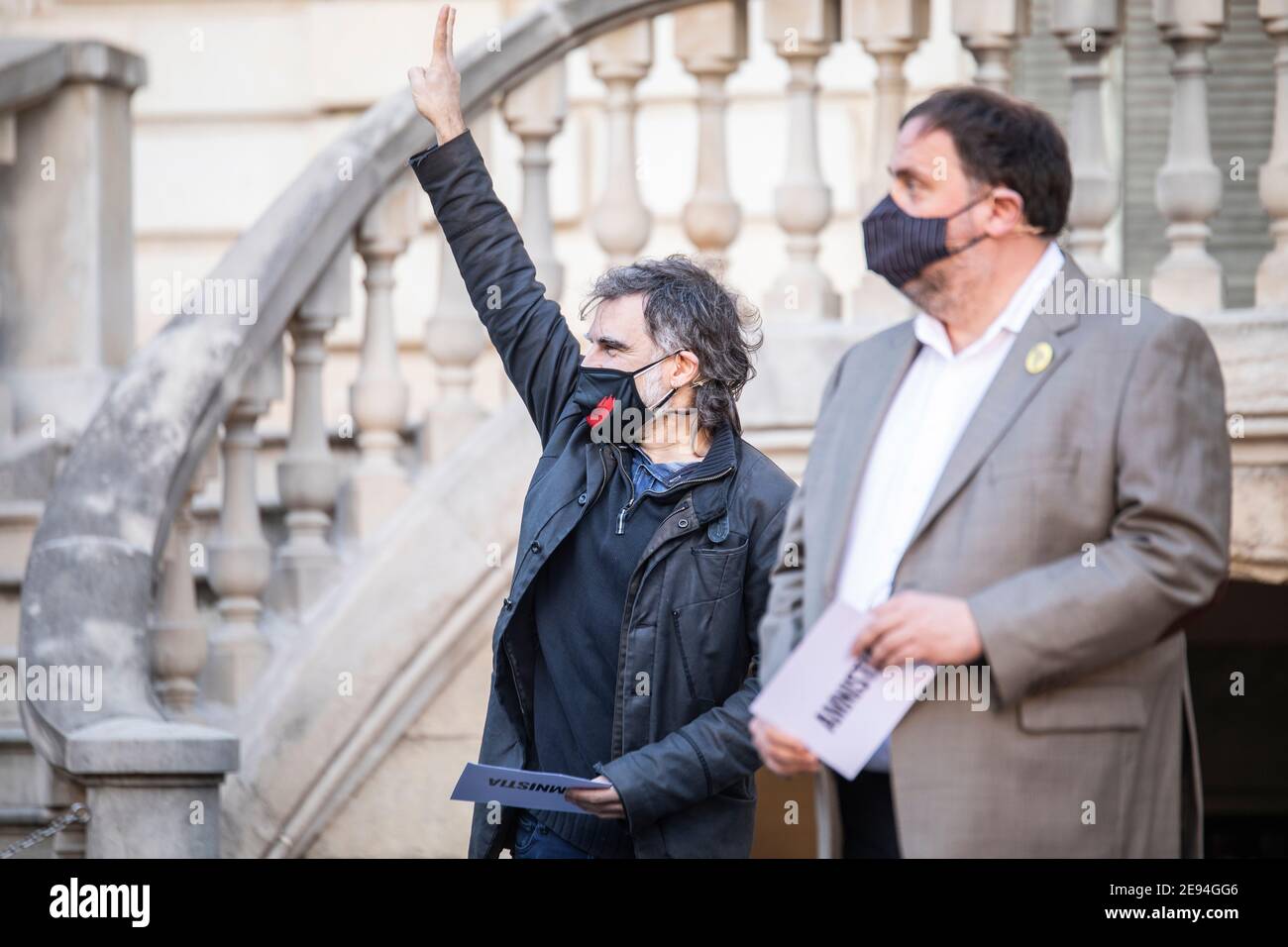 Barcelone, Espagne. 2021.02.01. Acte unitaire des prisonniers politiques catalans aux Palaos Robert organisé par Òmnium Cultural. Banque D'Images